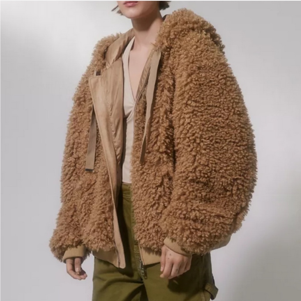 Urban Outfitters Casey Oversized Brown Sherpa Zip Up Hooded Teddy Jacket Size L